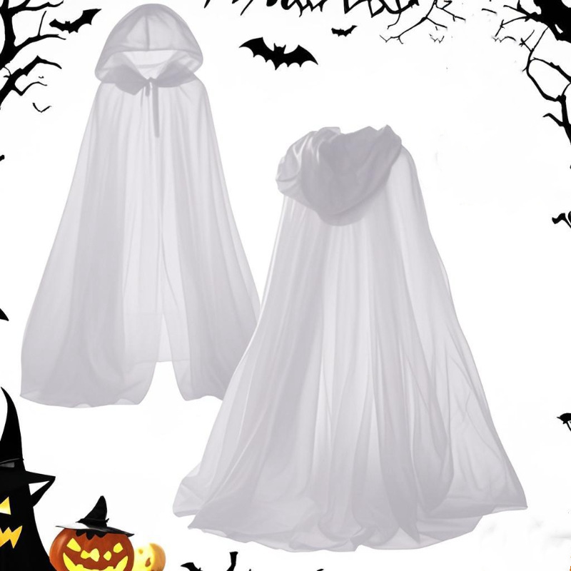 Halloween Cosplay Ghost Costume with Hooded Cape Witch Mesh Long Cloak